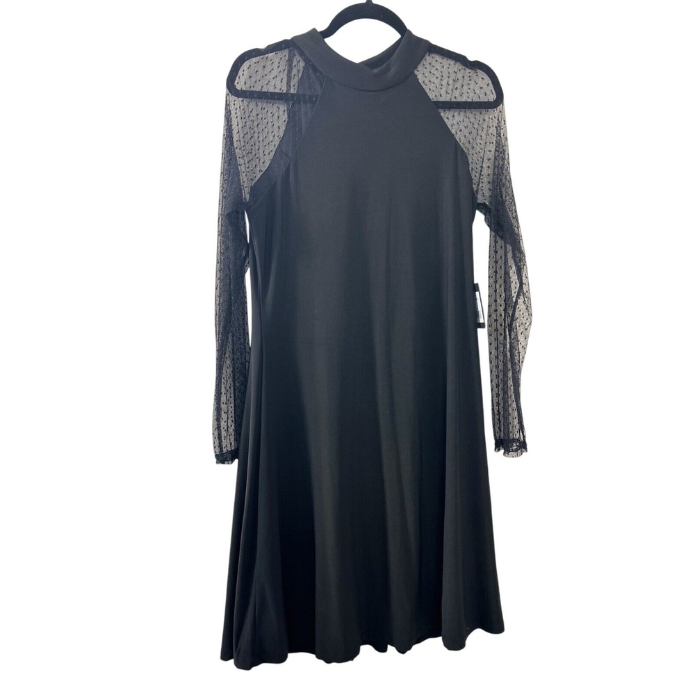 Swiss Dot Sheer Mesh Sleeve Dress 6 Black Mock Neck A-Line Cocktail Goth Chic